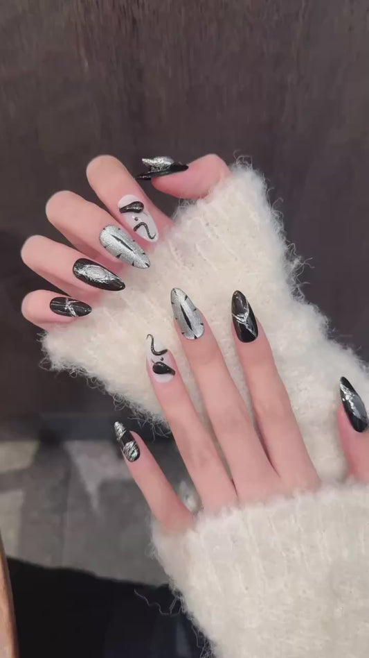 Dark Abstract Line Art Nails