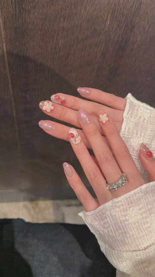 Pink Floral Strawberry Aurora Press - on Nails