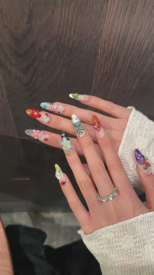 Colorful Floral Insect Elf - style Press - on Nails