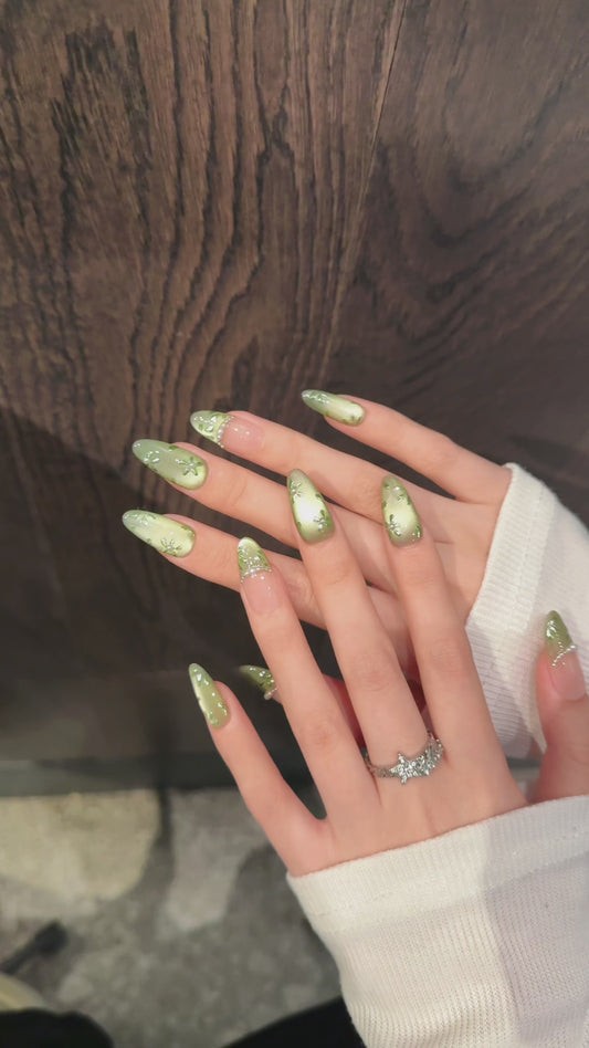 Green - Pink Floral Pearl Press - on Nails