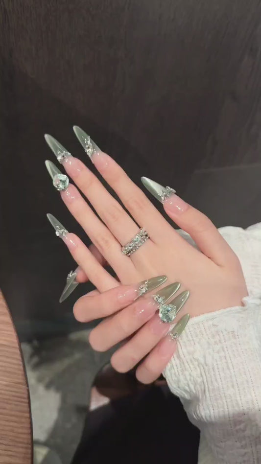 Pink - Green Gradient Butterfly Gemstone Glam Press - on Nails