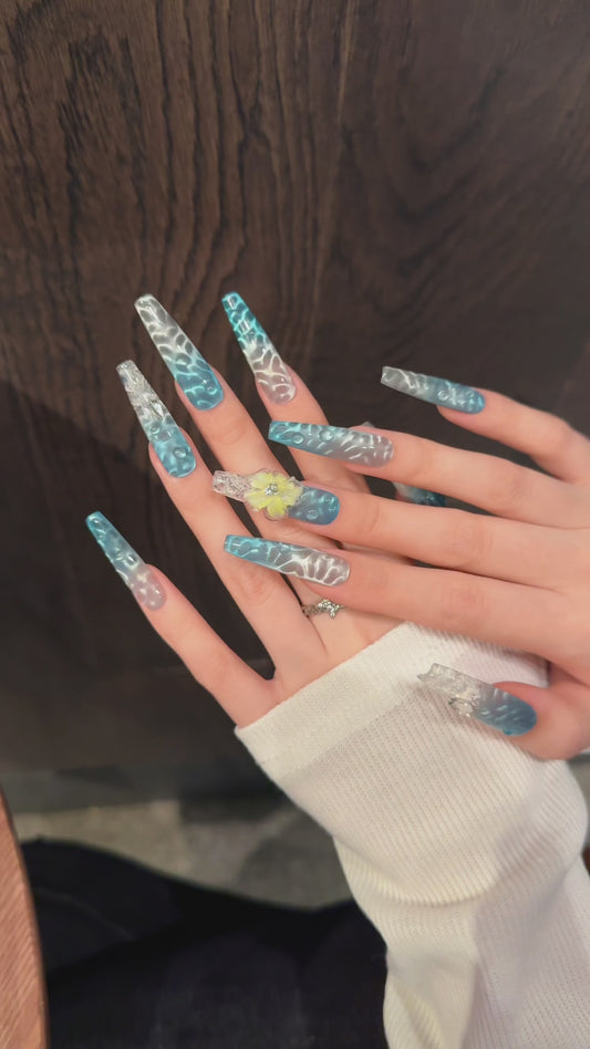 Blue - Transparent Wave Floral Diamond Press - on Nails