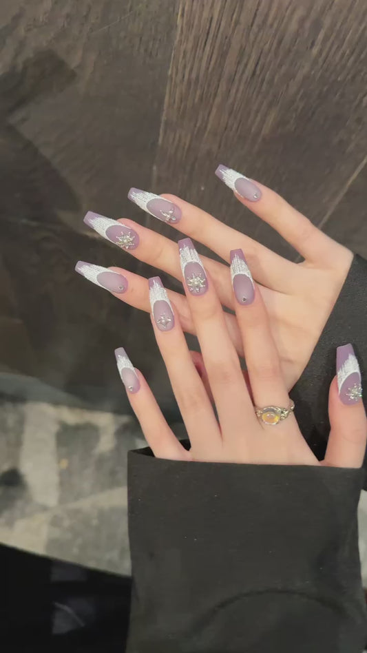 Purple Silver - tassel Diamond - flower Elegant Press - on Nails