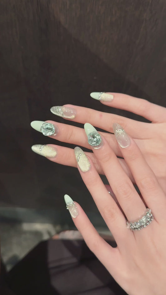 Mint & Silver Glitter Gemstone Glam Press - on Nails