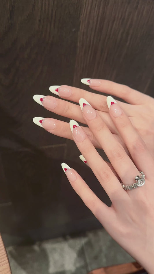 Pink - White French - style Heart Press - on Nails