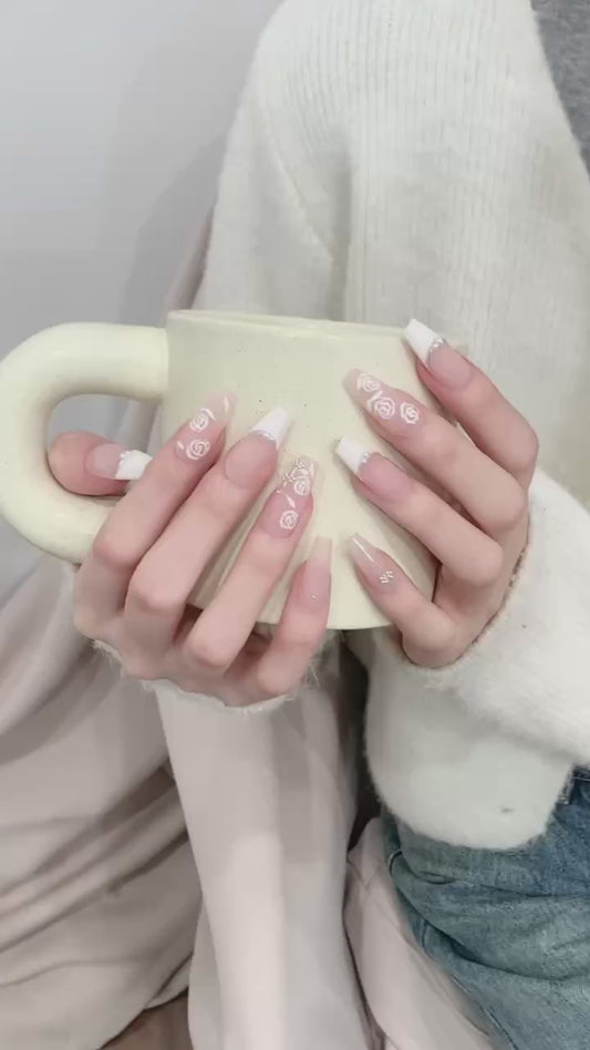Nude - White Rose Sparkle Elegant Press - on Nails