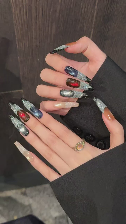Multi - colored Sparkle Black - edge Fashion Press - on Nails