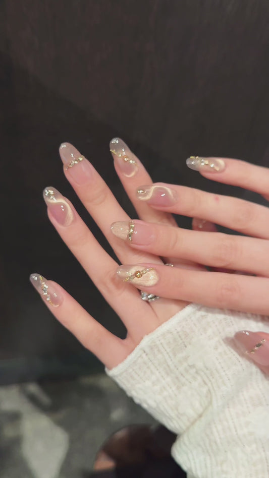 Pink Gold Chain Gemstone Glam Press - on Nails