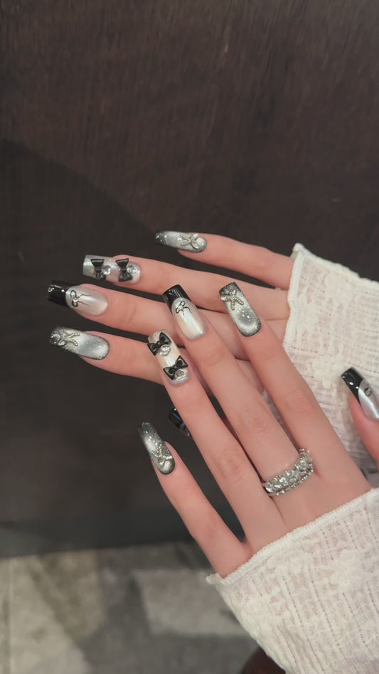 Silver - Black Bow Pearl Chain Elegant Press - on Nails