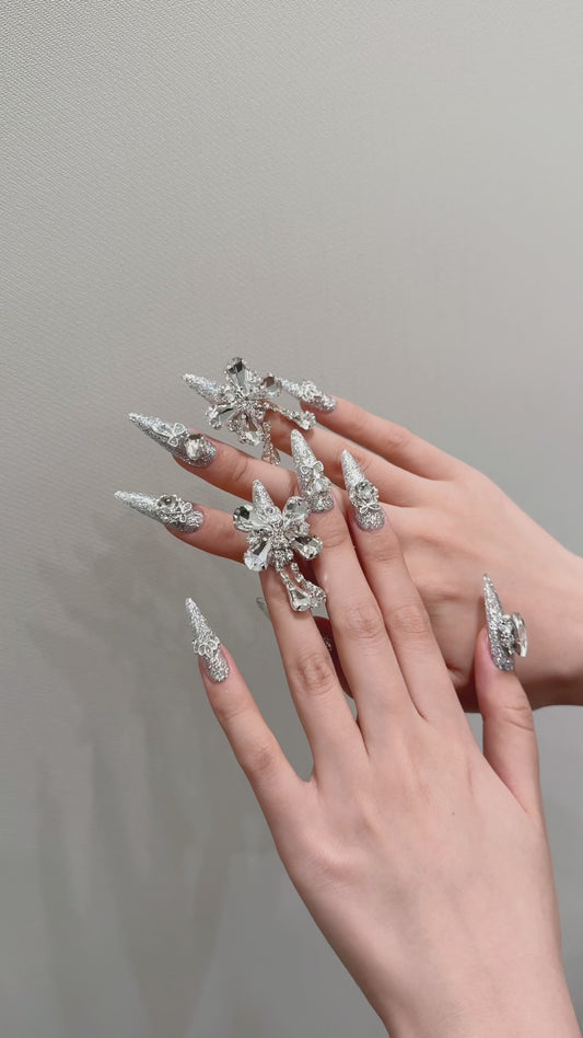 Silver Sparkle Butterfly Gemstone Press - on Nails